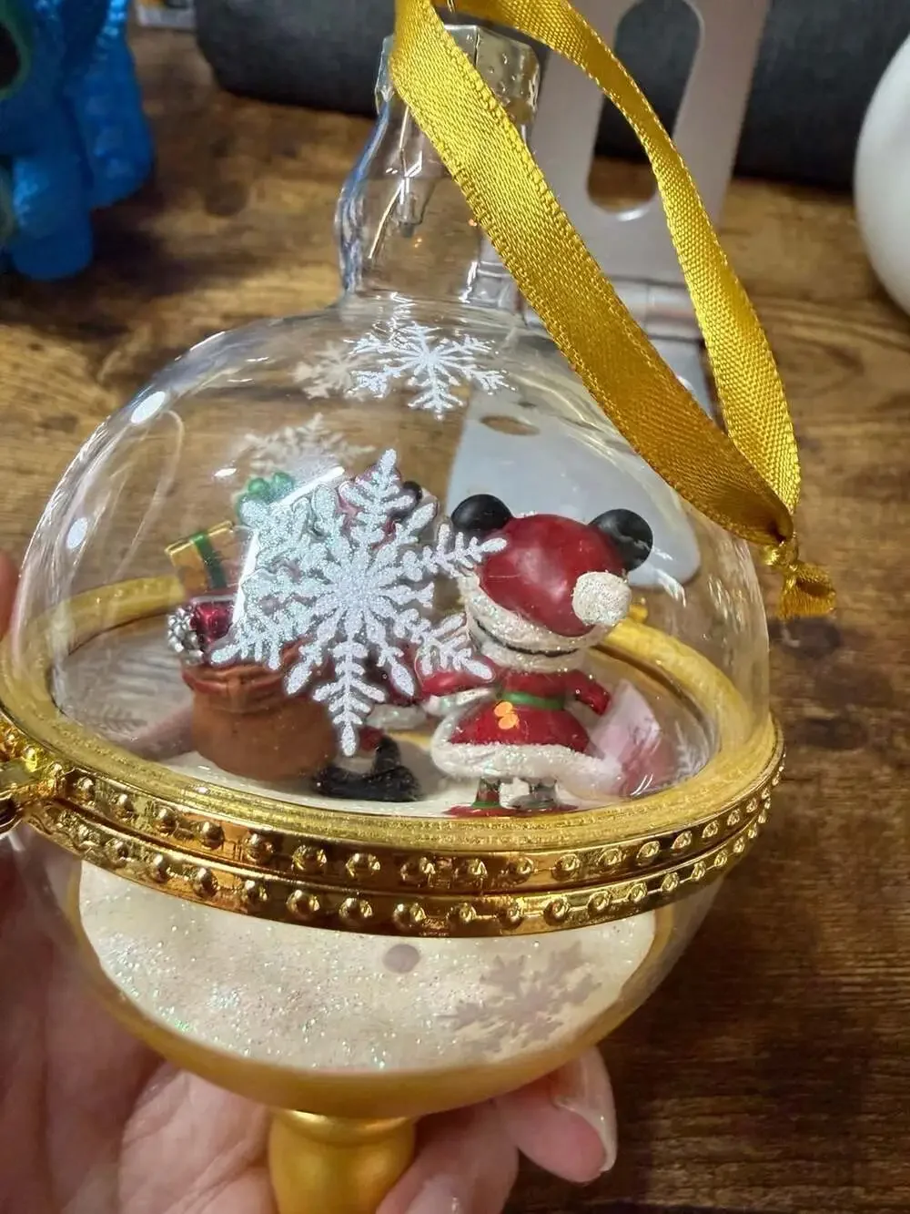 Disney Parks Santa Mickey and Minnie Hinged Glass Ornament with Gold Finial